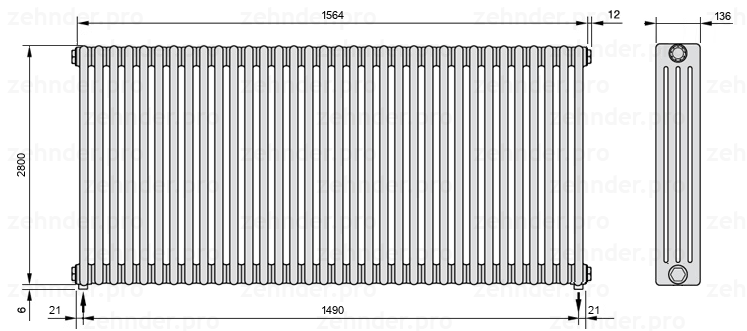 Схема (чертеж) Радиатор Zehnder Charleston 4280/34 №3570 Белый глянцевый RAL 9016